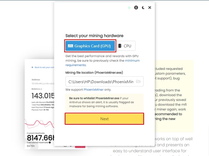 Select GPU or CPU Mining