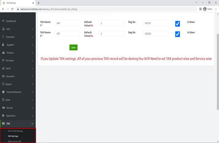 VAT & Tax setting