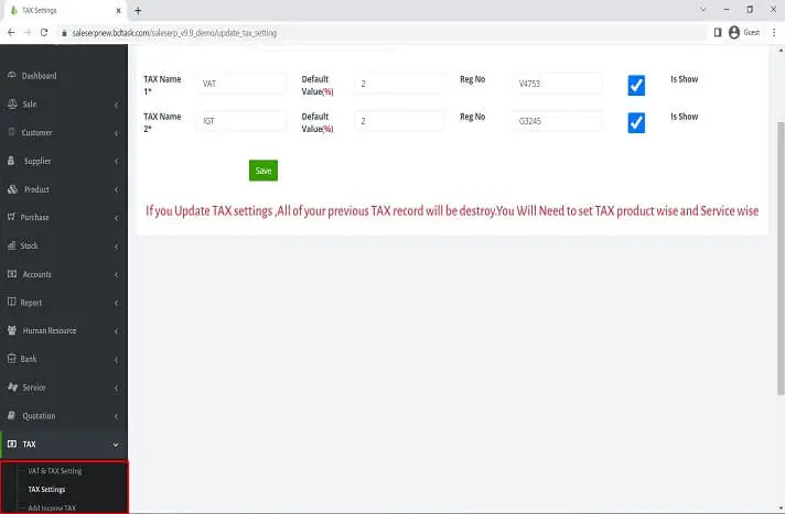 VAT & TAX Setting