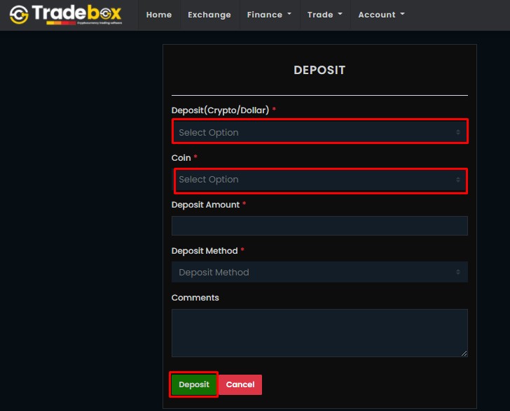 Deposit Crypto on Tradebox