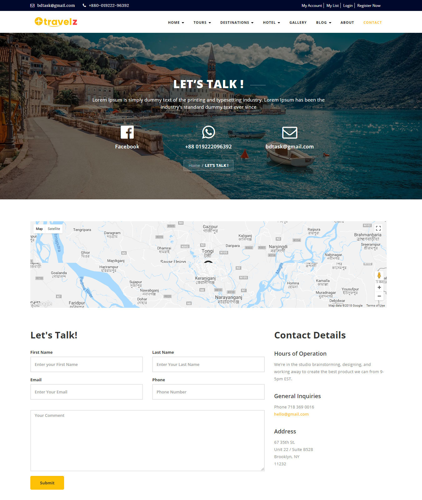 Travelz Contact page